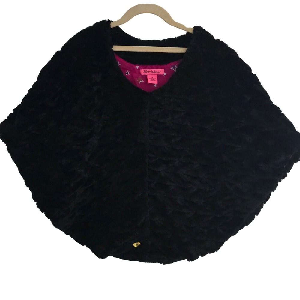 Betsey Johnson Black Faux Fur Poncho Cape V Neck Gold Button M